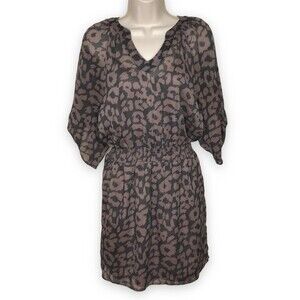 Express Leopard Print Semi Sheer Roll Tab Sleeve Gray Brown Dress Women's Small